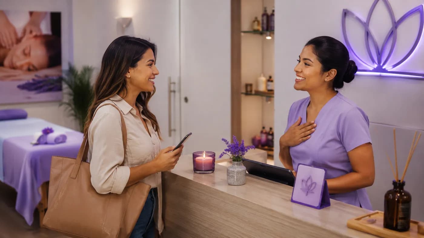 Clienta reservando su cita desde el celular en la recepción de un spa