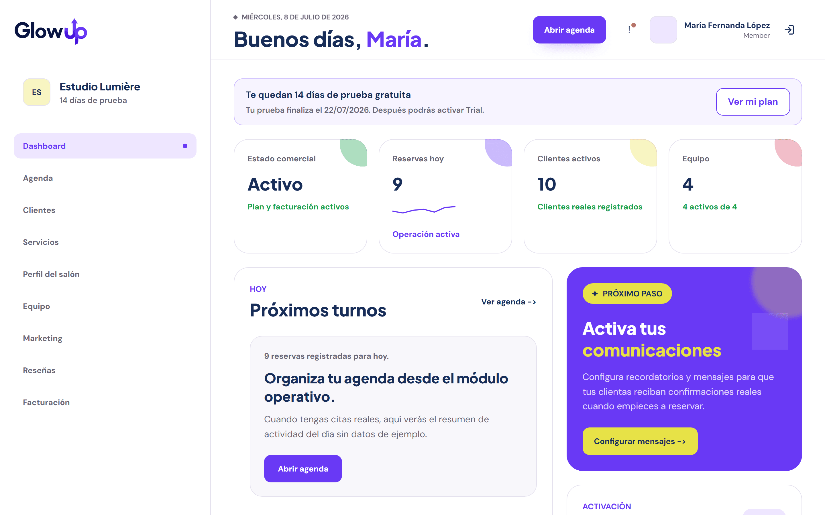 Panel principal de GlowUp con el resumen del negocio